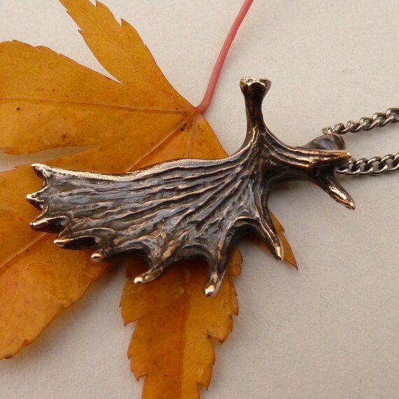 Moose Antler Pendant Necklace Cast in Solid Bronze on Oxidized Silver Chain
