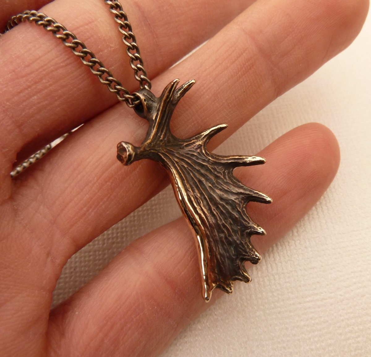 Moose Antler Pendant Necklace Cast in Solid Bronze on Oxidized Silver Chain