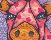 Original ACEO Pig Beast Pink Orange OOAK Ink Drawing