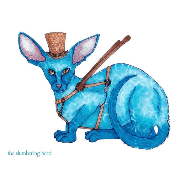 Blue Cat Art Print from Original Illustration 8 x 10