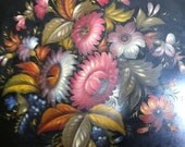Toile Tray Floral Pinks  Blues Yellows White on Black Background Made in Russia Very Large Tray
