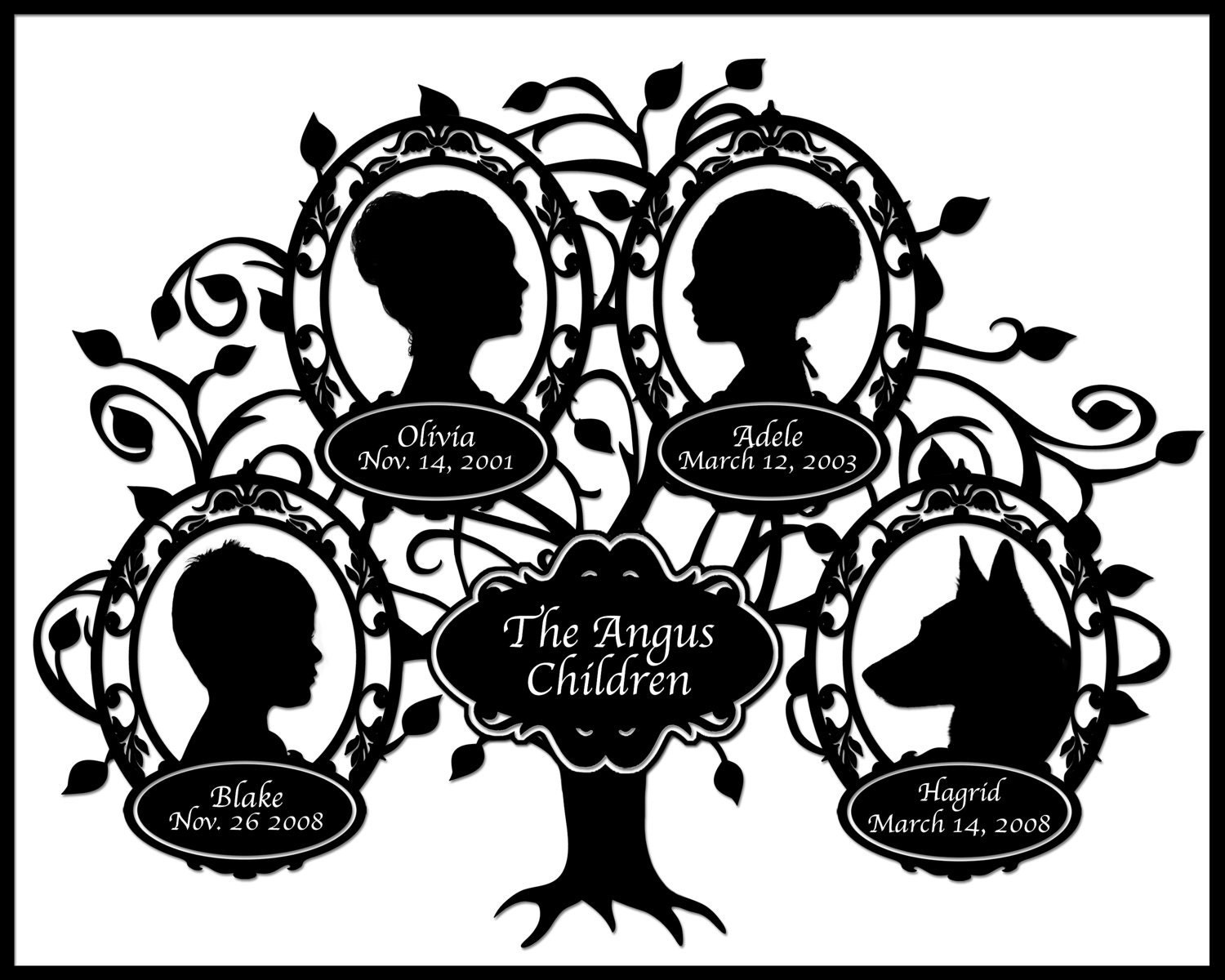 Three Children and Dog Silhouette Family Tree - 4 Profiles