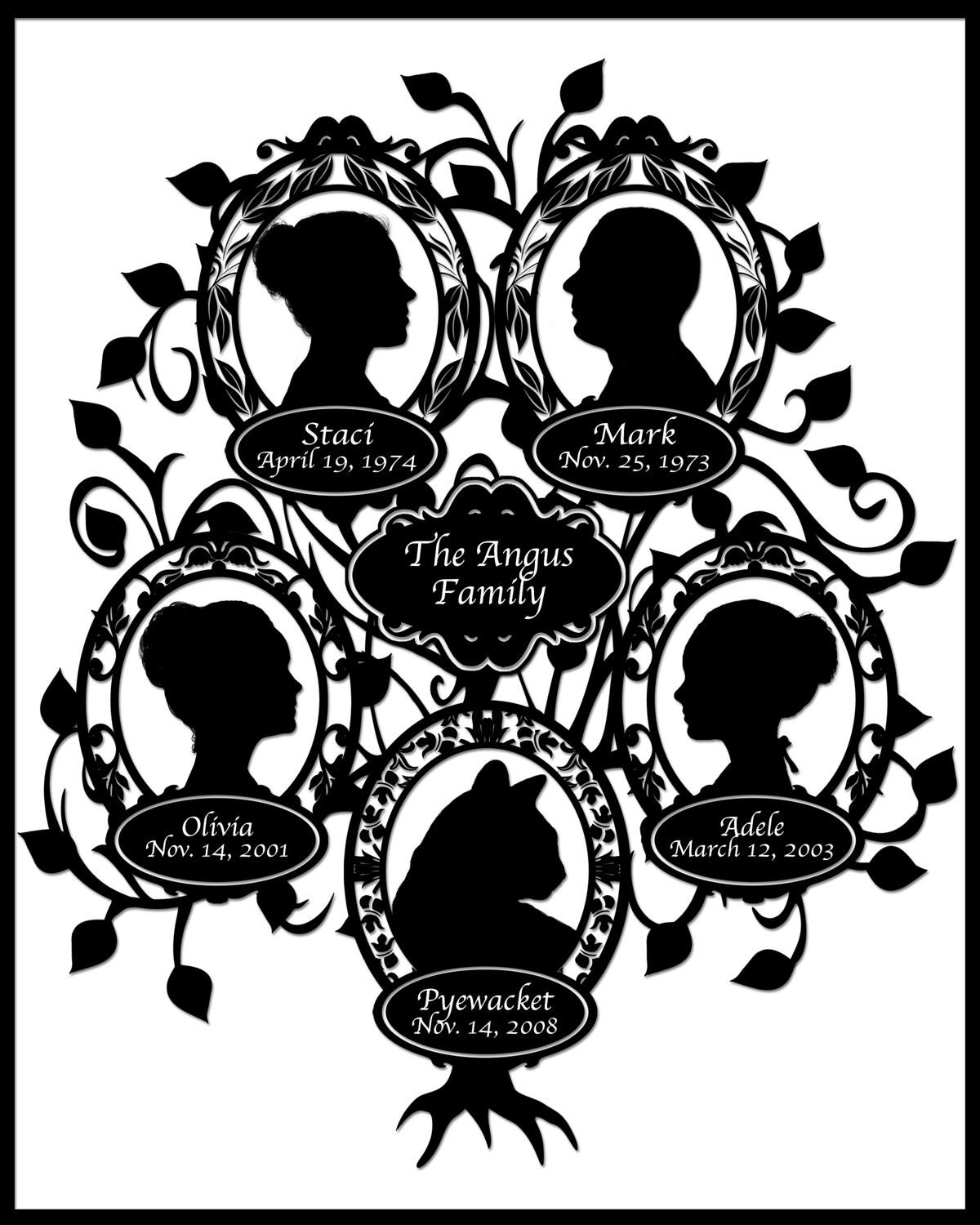 Family of Four with Pet Cat Silhouette Family Tree - 5 Profiles
