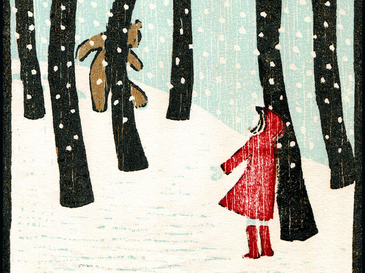 Hello Bear - 5 Christmas Cards - from an original woodcut print