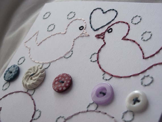 Cards birds buttons and hearts - stitched by hand set of 2
