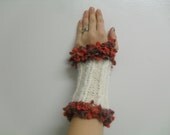 white and red knitted wrist warmers /  fingerless gloves