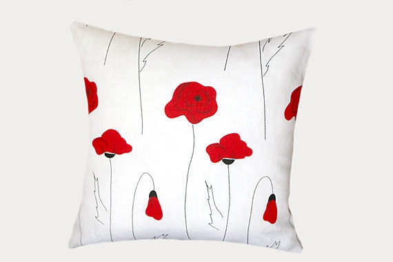White Linen Throw pillow case with Red Poppies, Designer fabric, fits 18"x 18" insert, Toss pillow case, Cushion case.