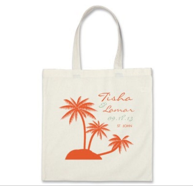 Beach Gift or Wedding Welcome Tote Bag - Palm Tree Personalized Tote in Sunset Orange/Mint Green