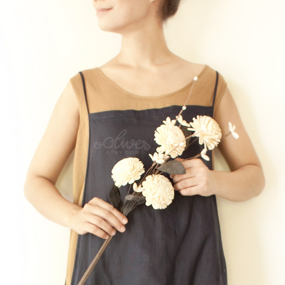 Cotton Spring Apron Knot Dress in Dark Blue - Brown