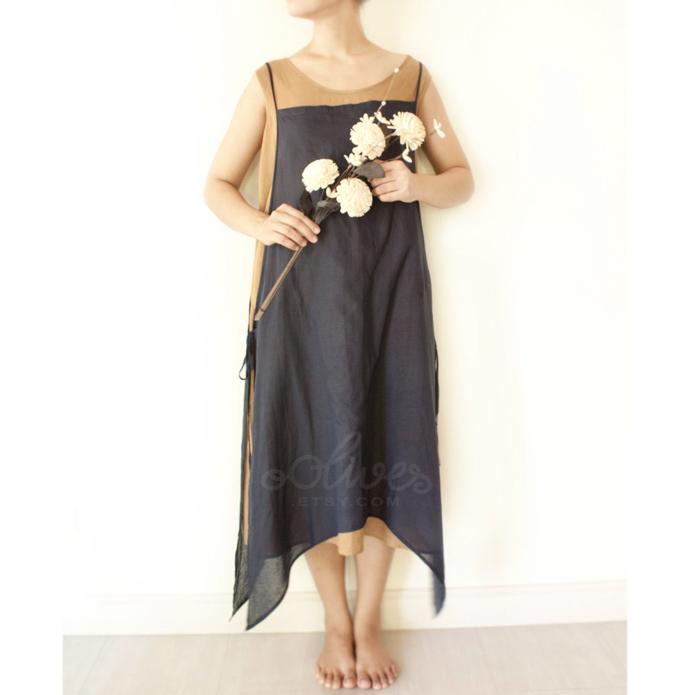 Cotton Spring Apron Knot Dress in Dark Blue - Brown