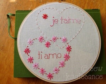Embroidery PDF Pattern Two Hearts Valentine Daisy French Italian Love