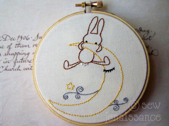 Embroidery PDF Pattern Bunny Trio Three Woodland Bunny Designs Moon Boat Flowers