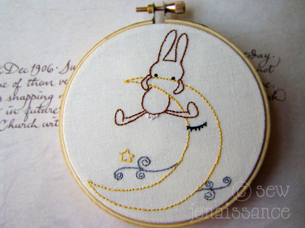 Embroidery PDF Pattern Bunny Trio Three Woodland Bunny Designs Moon Boat Flowers