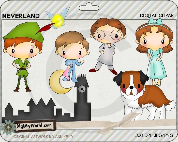 Peter Pan Neverland, wendy, michael, nana, john, peter and tinkerbell colored clip art for cardmaking and scrapbooking