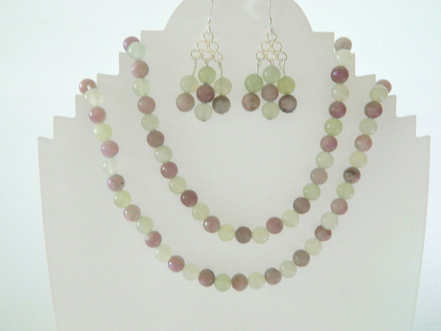 Lavender stone, sea green "new" jade and sterling silver necklace and earrings set