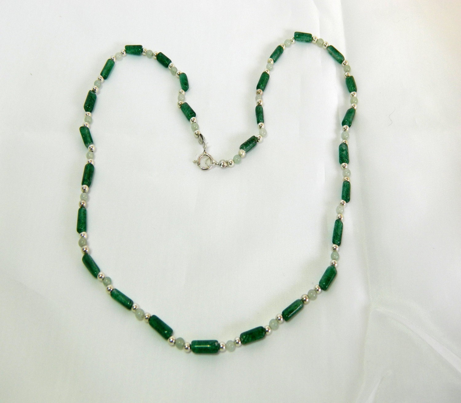 Two tone green aventurine and sterling silver necklace.