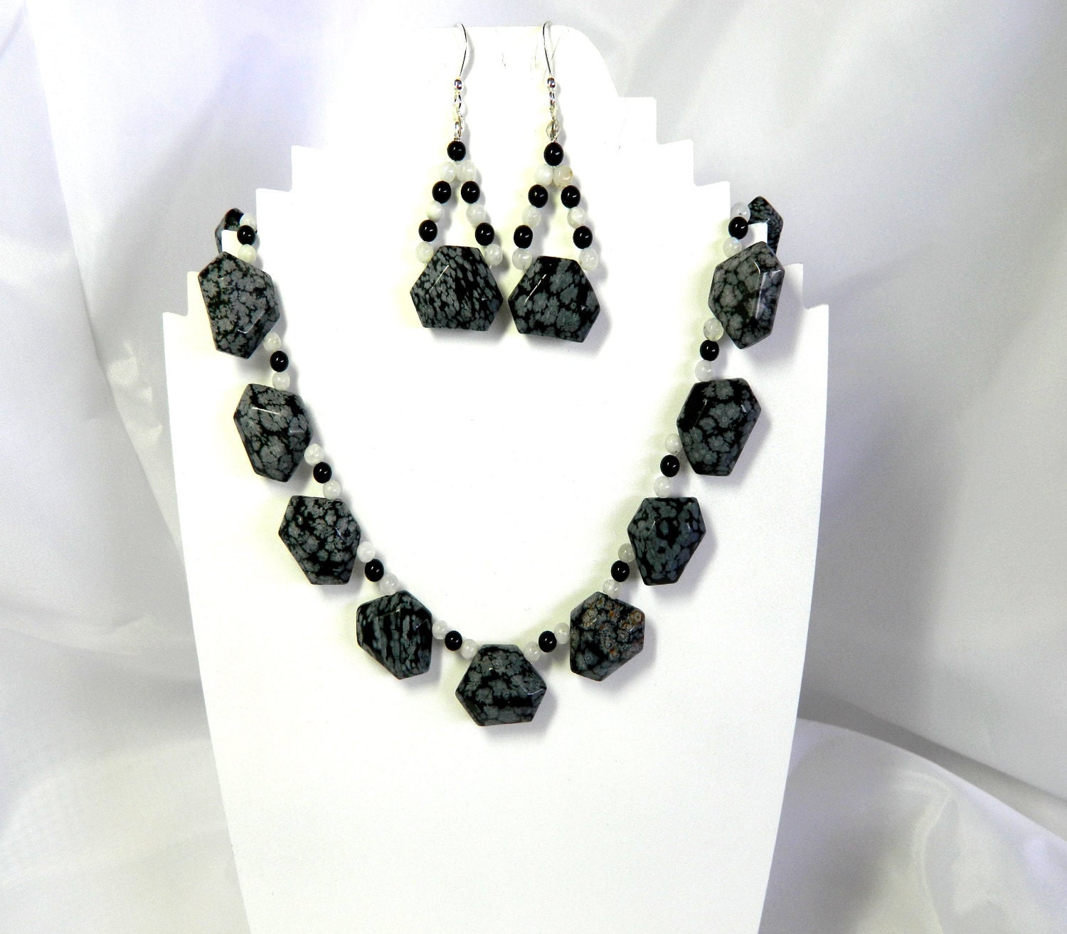 Snow flake obsidian, milky quartz and black obsidian necklace and earring set