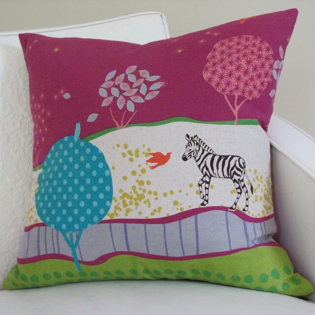 Zebra Safari Pillow Cover in Raspberry Grassy Plain /18" Square/ Invisible Zipper / Reversible / Out of Print Echino Fabric