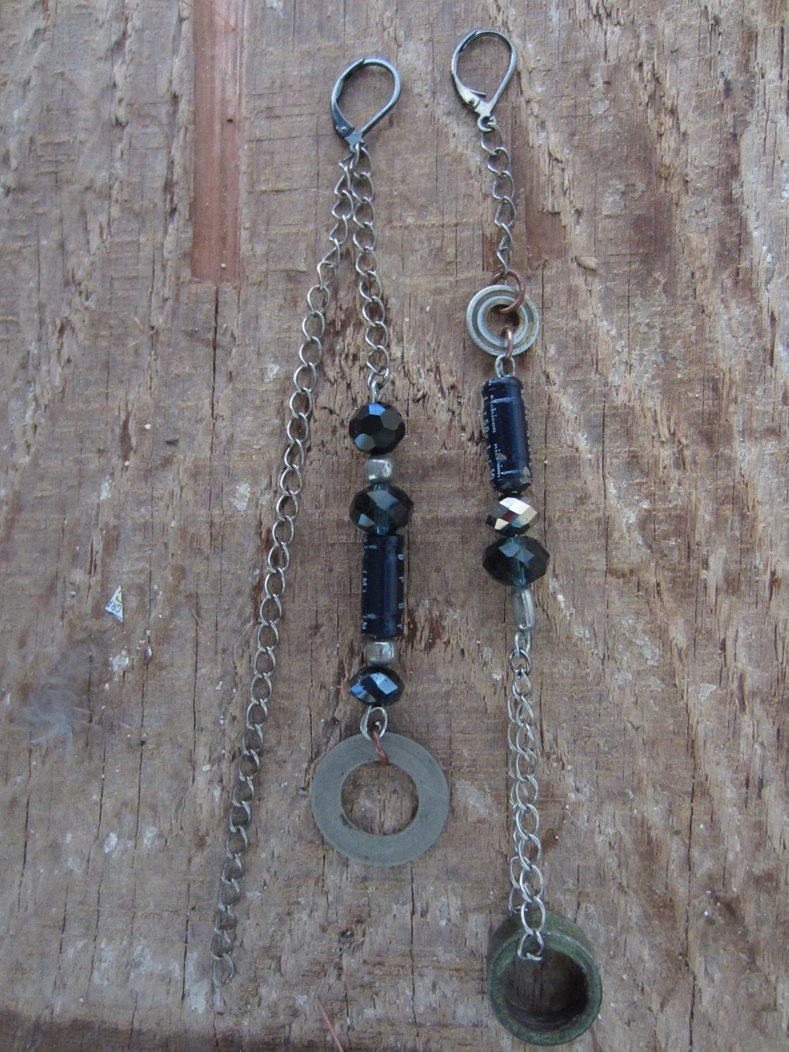 Navy and Found Metal Chain Earrings