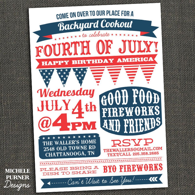 Fourth of July Party Invitation - BBQ - Clam Bake - Block Party - Fireworks - Printable or Printed for you