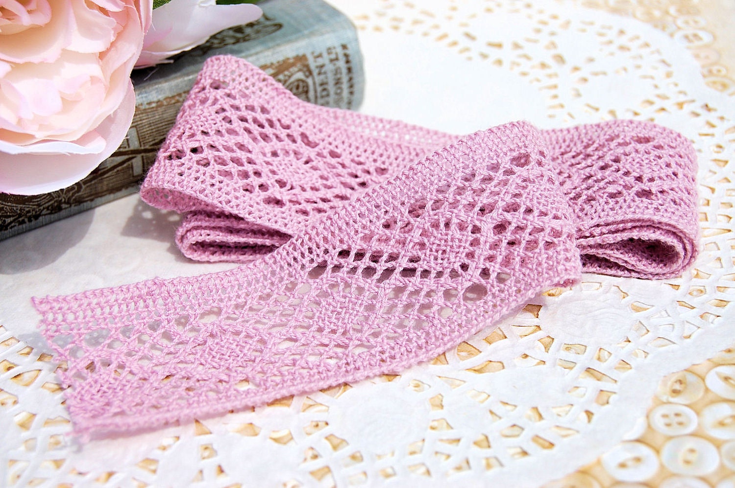 Lattice Crochet Lace in Dusky Rose - Scrapbooking, Card Making, Sewing, Bridal