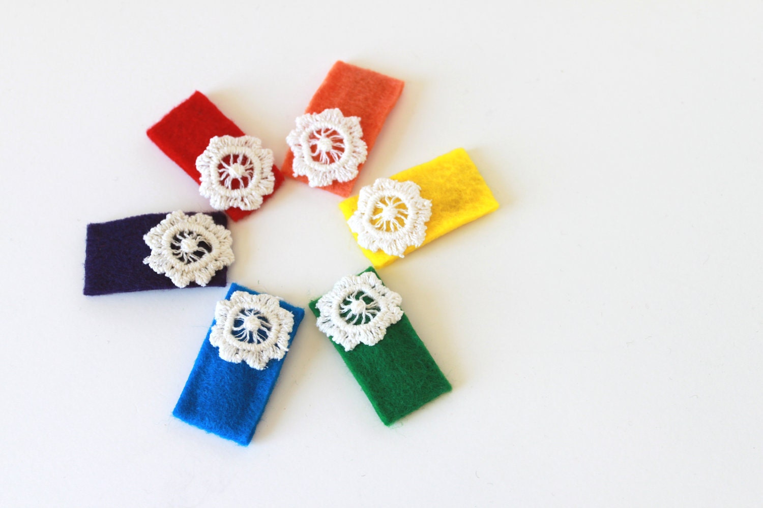 Rainbow Hair Clips. Easter Basket. Children Fashion. Six Eco Felt Snap Clips with Upcycled Crocheted Flower. Bright. For Her.