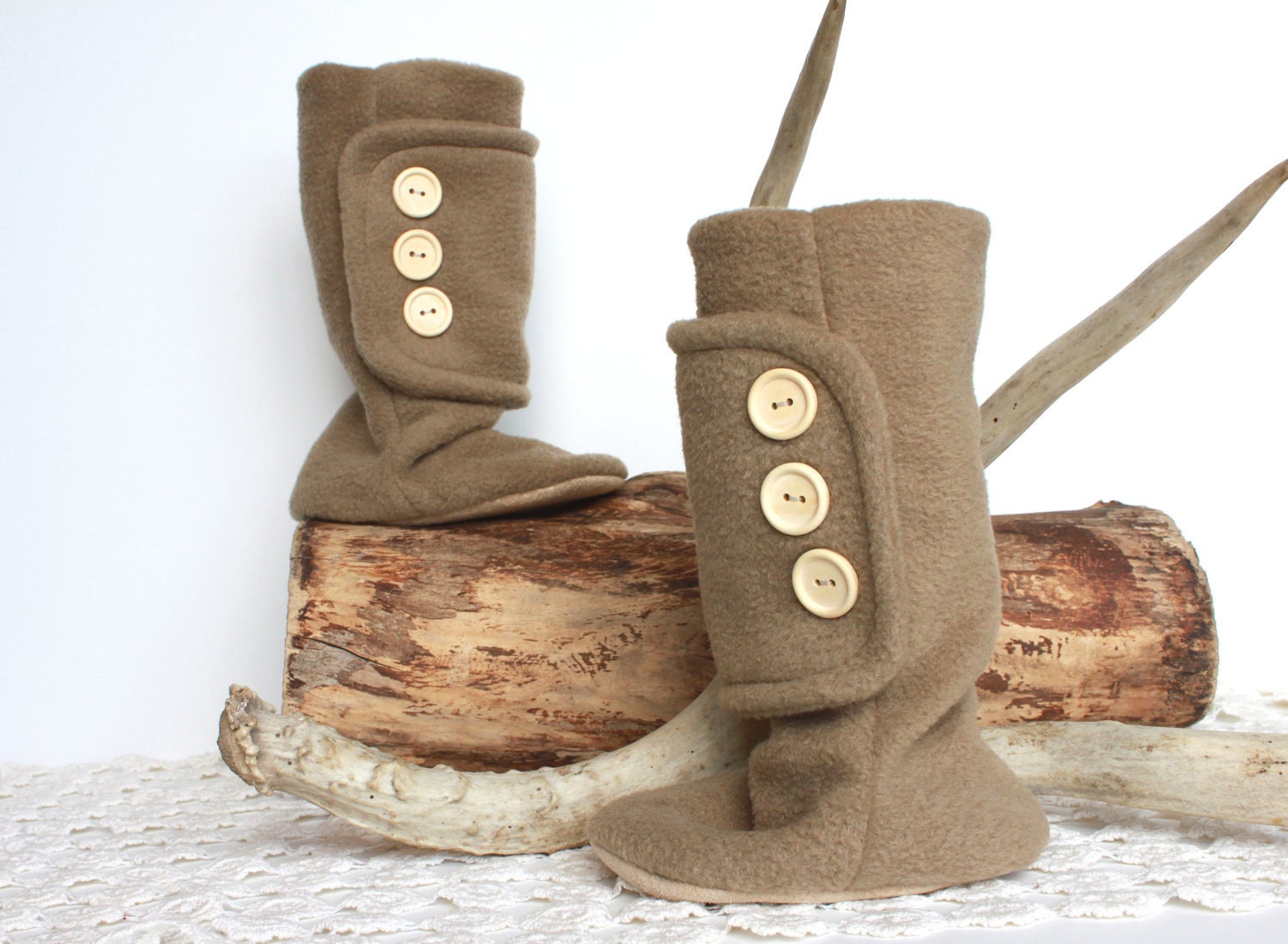 Knee High Boots.  Children Fashion. Leather Soled Baby Booties. Tan Polar Fleece with Wood Buttons. Woodland. Warm. Spring Fashion.