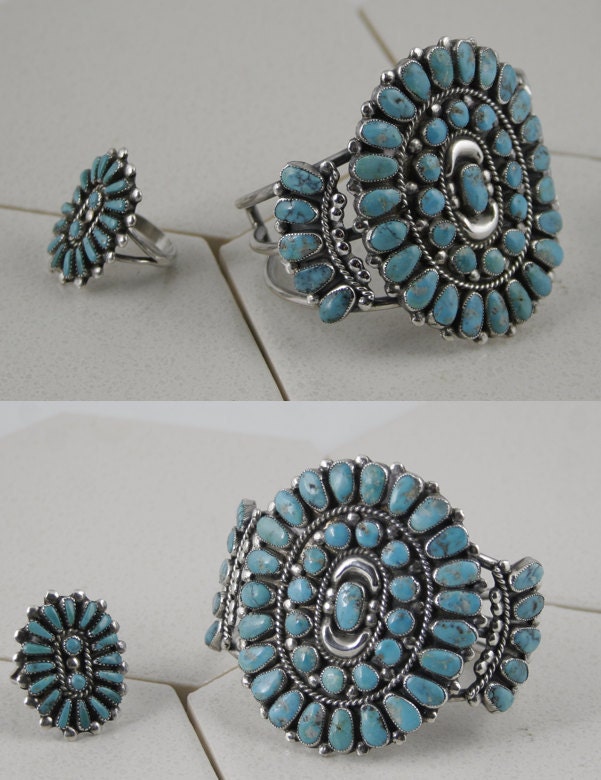 Reserved....Vintage Sterling Silver and Turquoise Cuff Bracelet and Matching Ring (Size 8.5) by Navajo Nation Artisans circa late 1960s