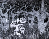 Original pen & ink drawing "Conversations at Midnight" Black and white