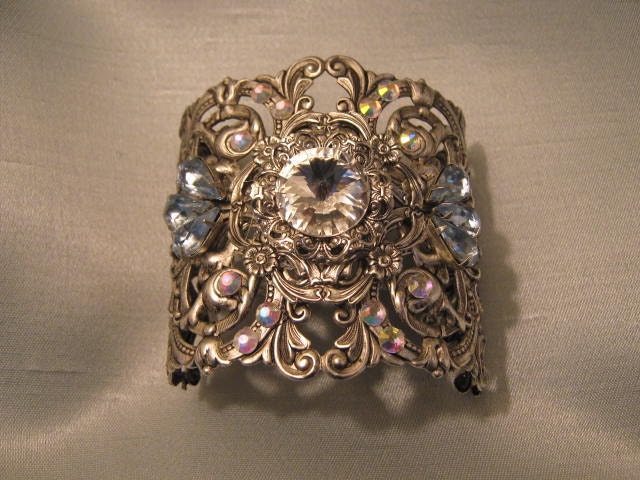 Sterling silver Ox fligree wedding Cuff Bracelet Swarovski Crystal blue rhinestone REGAL Vintage Victorian Inspired Bridal bridesmaid
