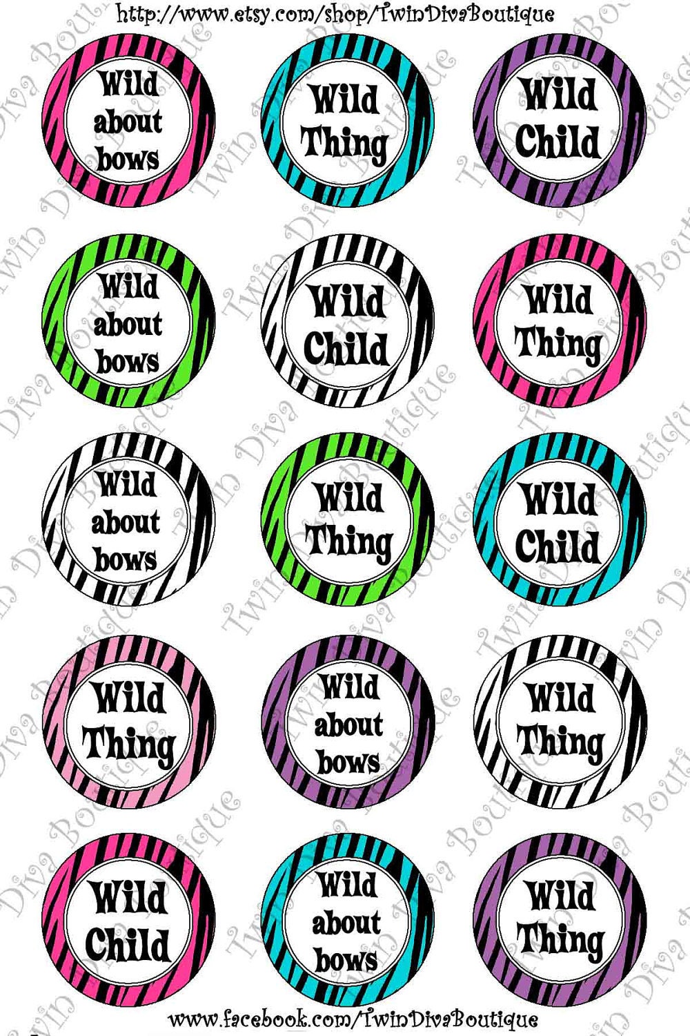 1 inch image sheets for bottle caps - WIld About Bows, WIld Child, Wild Thing