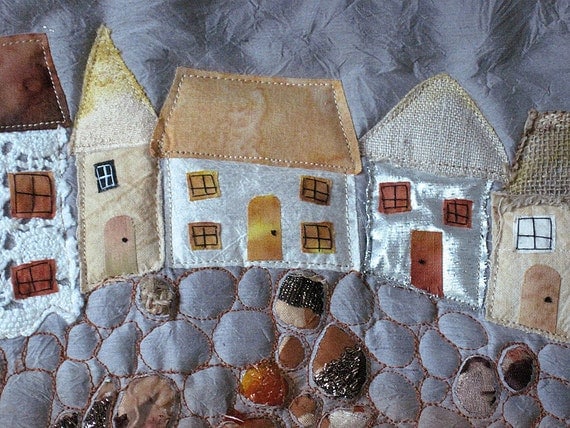 SEASIDE ART QUILT - St. Ives Cornwall quirky cottages houses beach sea seaweed shells beads - hand dyed silk embroidery beading applique