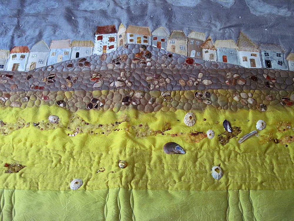 SEASIDE ART QUILT - St. Ives Cornwall quirky cottages houses beach sea seaweed shells beads - hand dyed silk embroidery beading applique