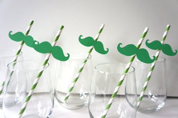 SALE - Photo Booth Props - St. Patrick's Day Straw Photo Props - Set of 5 - Green Mustaches on KELLY GREEN Striped Paper Straws