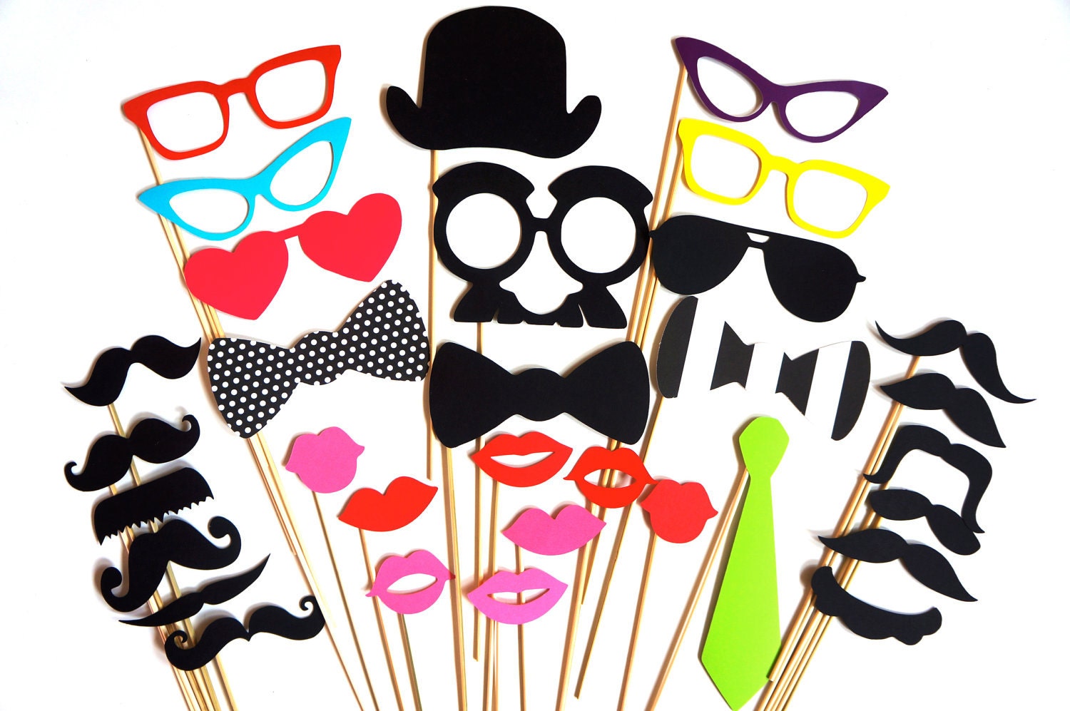 SALE - Bright Colored Photo Booth Prop Set - 32 pieces on a stick - Birthdays, Weddings, Parties - Great Photobooth Props