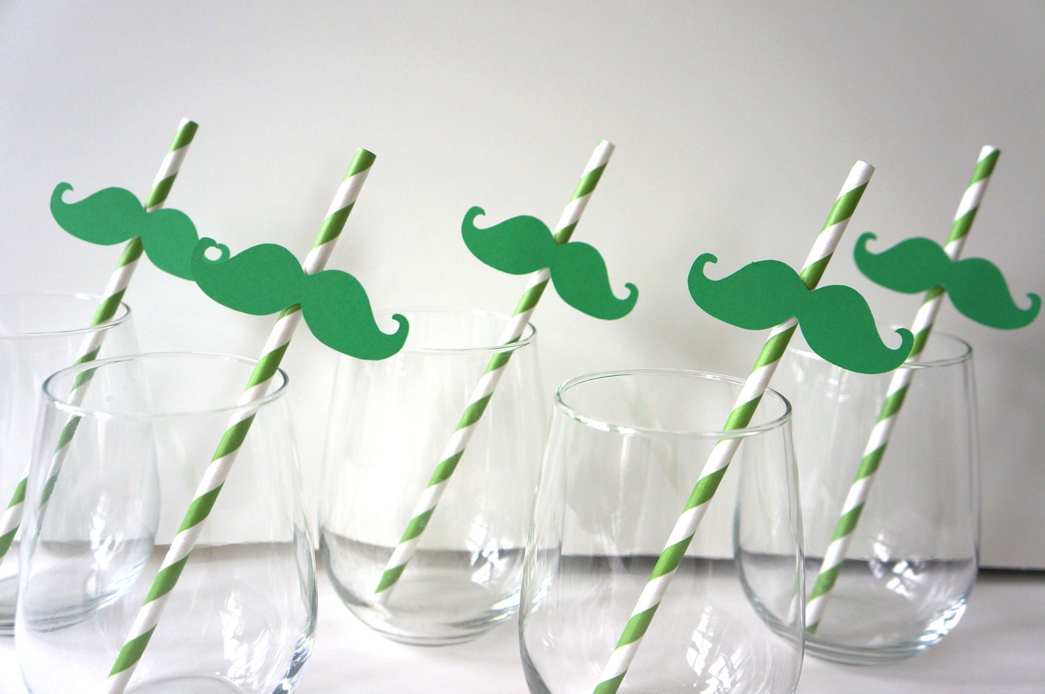 SALE - Photo Booth Props - St. Patrick's Day Straw Photo Props - Set of 5 - Green Mustaches on KELLY GREEN Striped Paper Straws