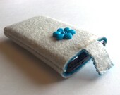 CLEARANCE Teal Phone Cozy, Felt iPhone Android Smartphone iPod, Blue Flower, Snap Pouch Case