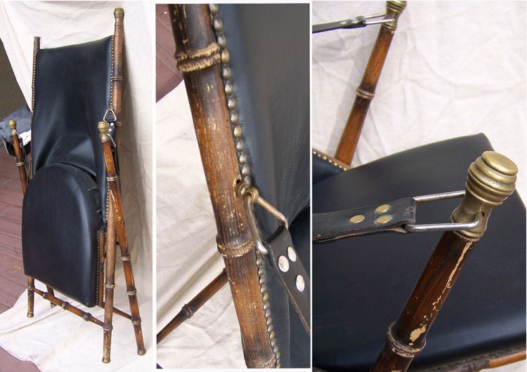1860s English CAMPAIGN CHAIR no. 2 Chinoiserie  oak leather brass faux bamboo Hollywood Regency lines Italian