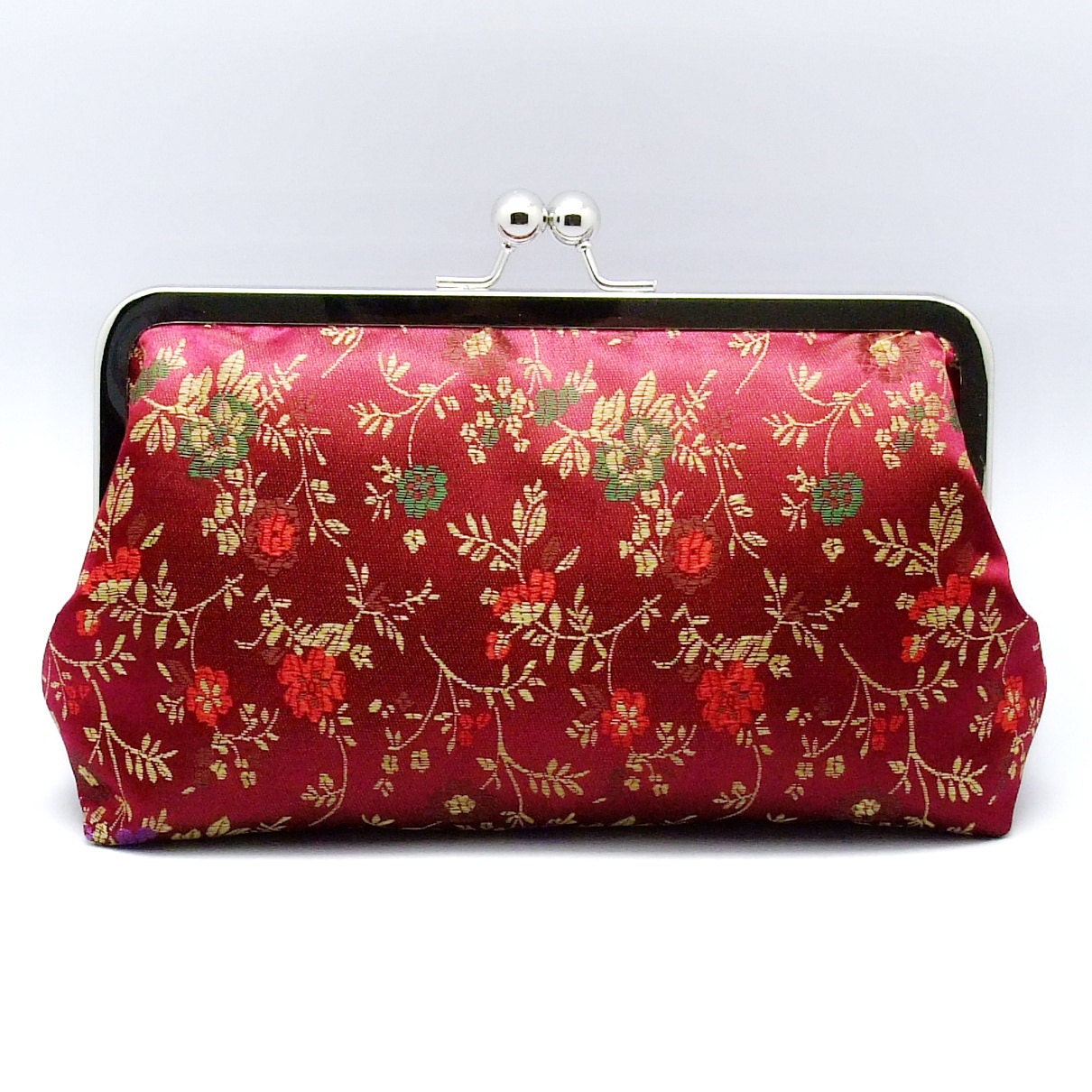 Flowers and leaves on maroon (Chinese silk brocade) - Large Clutch Purse (L-137)