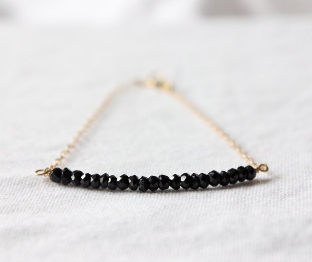 black spinel - beaded bar gold bracelet