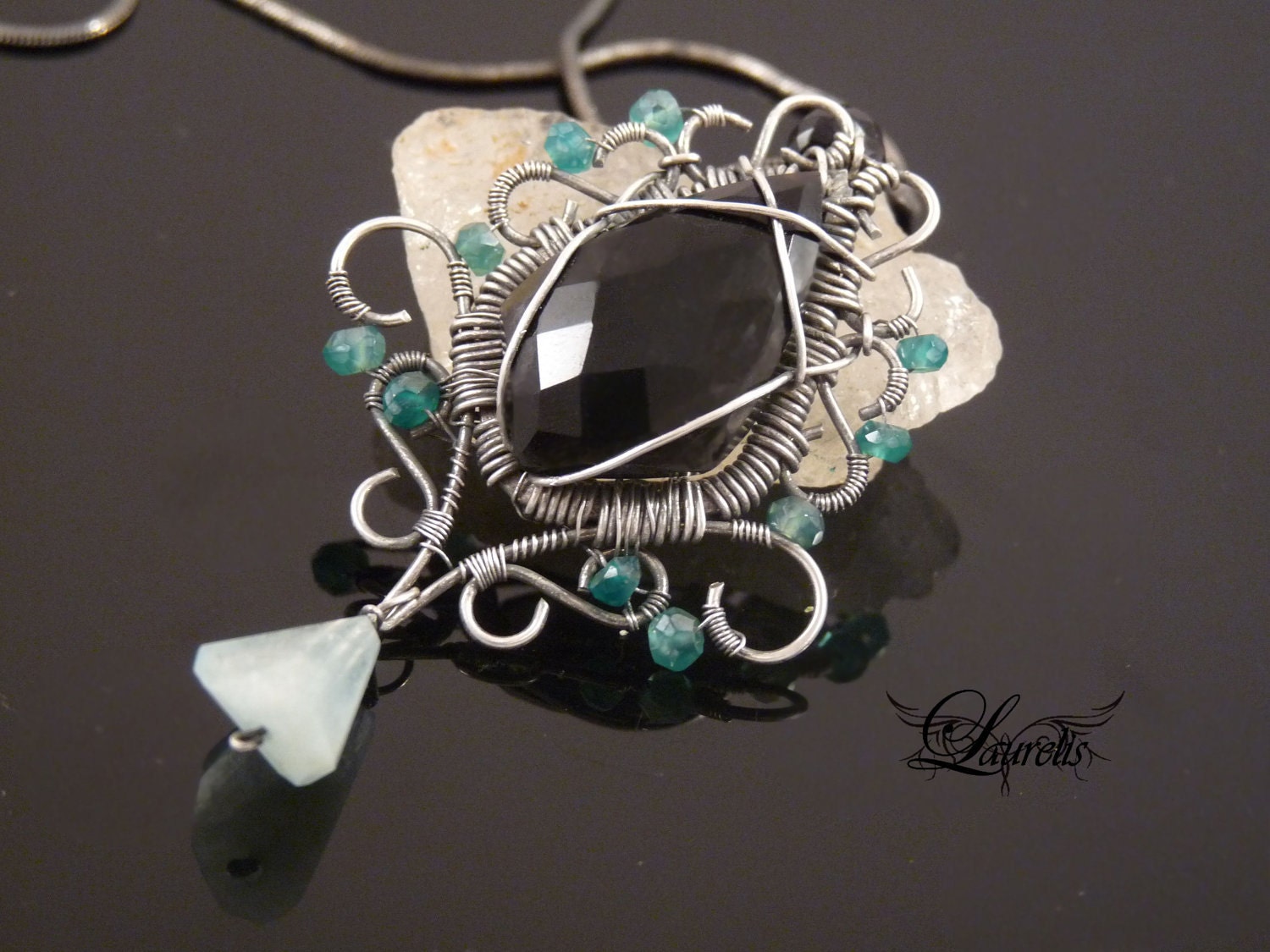Gothic Victorian pendant - black onyx, mystic green onyx, spinel, aquamarine - LAURELISjewelery