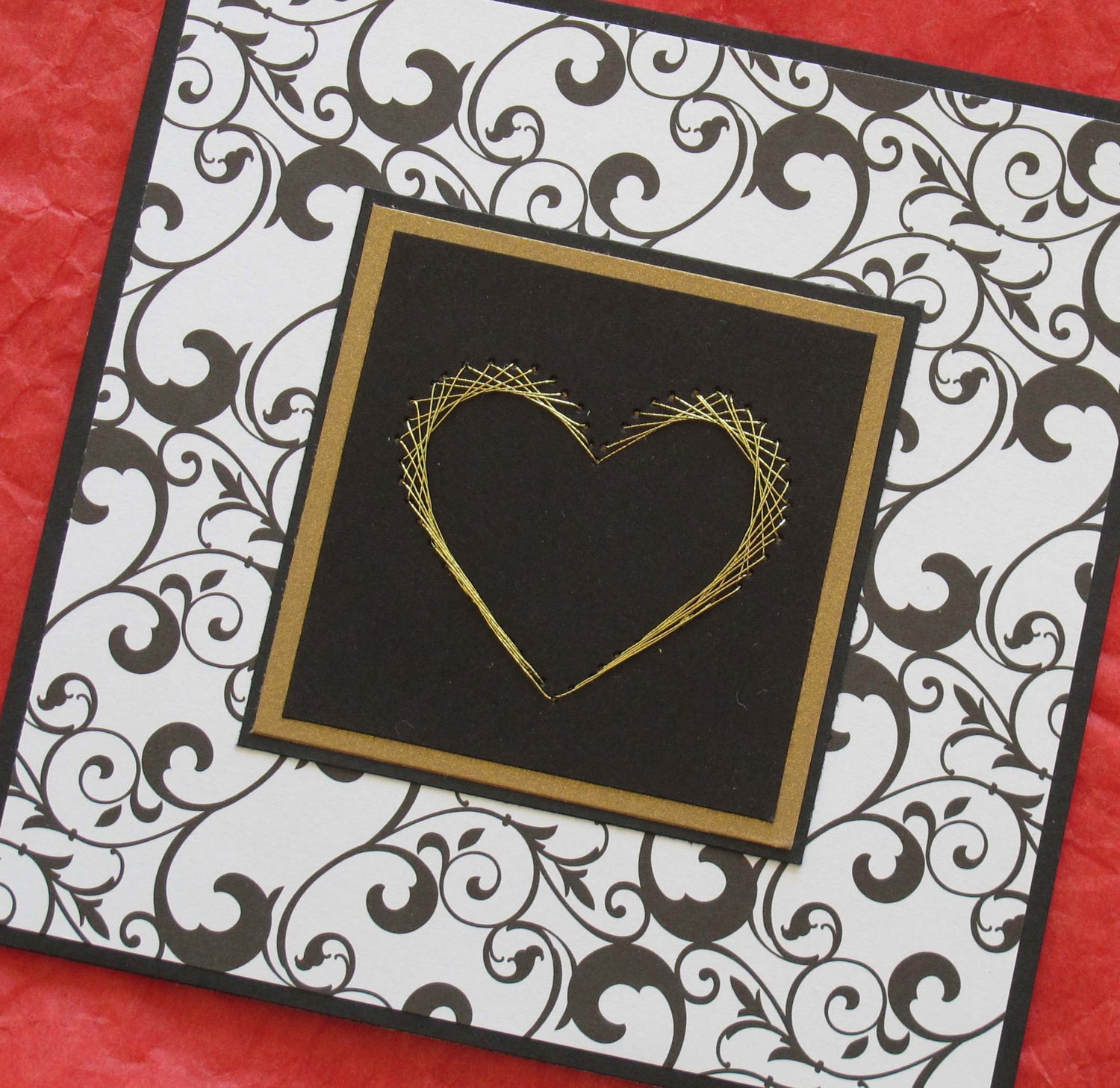 Black and white filigree wedding card with gold embroidered heart Valentines Love