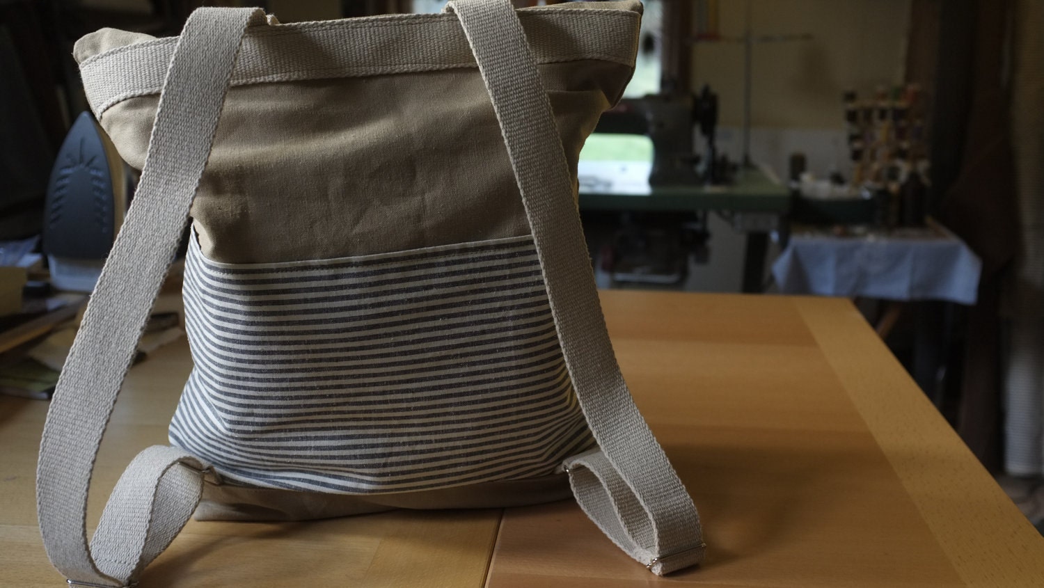 Organic Canvas Backpack - Roll Top - Stripes - Pockets - All Organic Rucksack