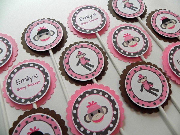 Cupcake Toppers: Pink & Brown Sock Monkey - Baby Shower Decorations