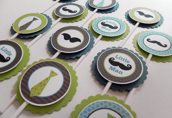 Party Banner: Little Man Mustaches and Ties in Blue Green & Brown - Boy Baby Shower or Kids Birthday Party Decorations