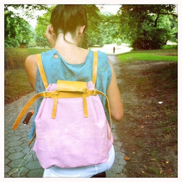 Peachy Pink Canvas and Leather Backpack