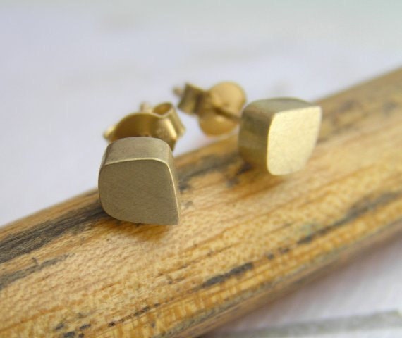 Solid Gold Stud Earrings - Freeform Cube Post Earrings 14k Gold