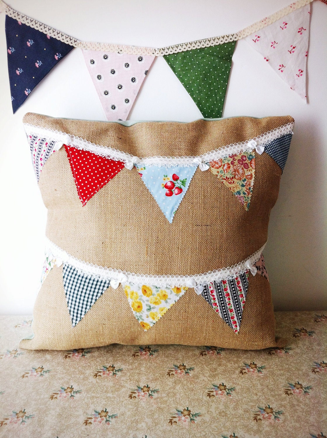 bunting cushion, pillow, handmade, colourful handmade rainbow, flags, party, hessian, summertime, homewares