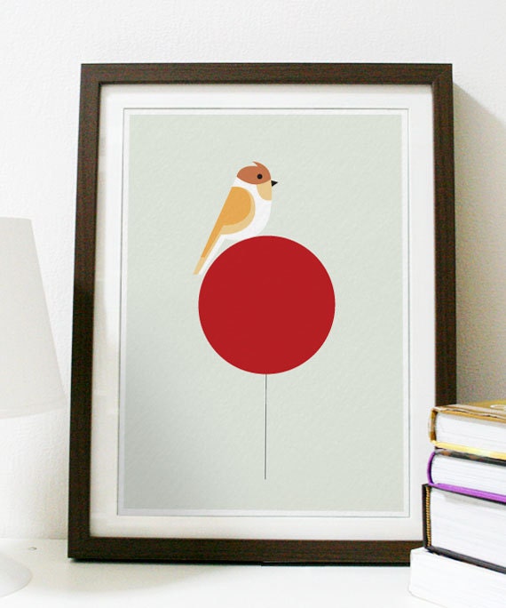 Little Brown Birdie on a Huge Red Balloon - A3 Print