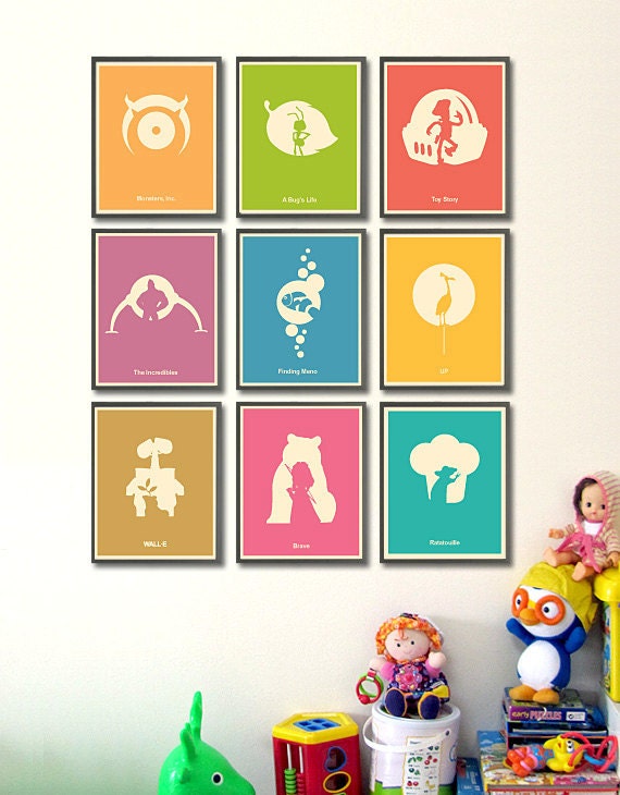 Pixar Minimalist Poster Set - Monsters Inc, A Bug's Life, Toy Story, The Incredibles, Finding Nemo, Up, Wall-E, Brave and Ratatouille 8"x10"